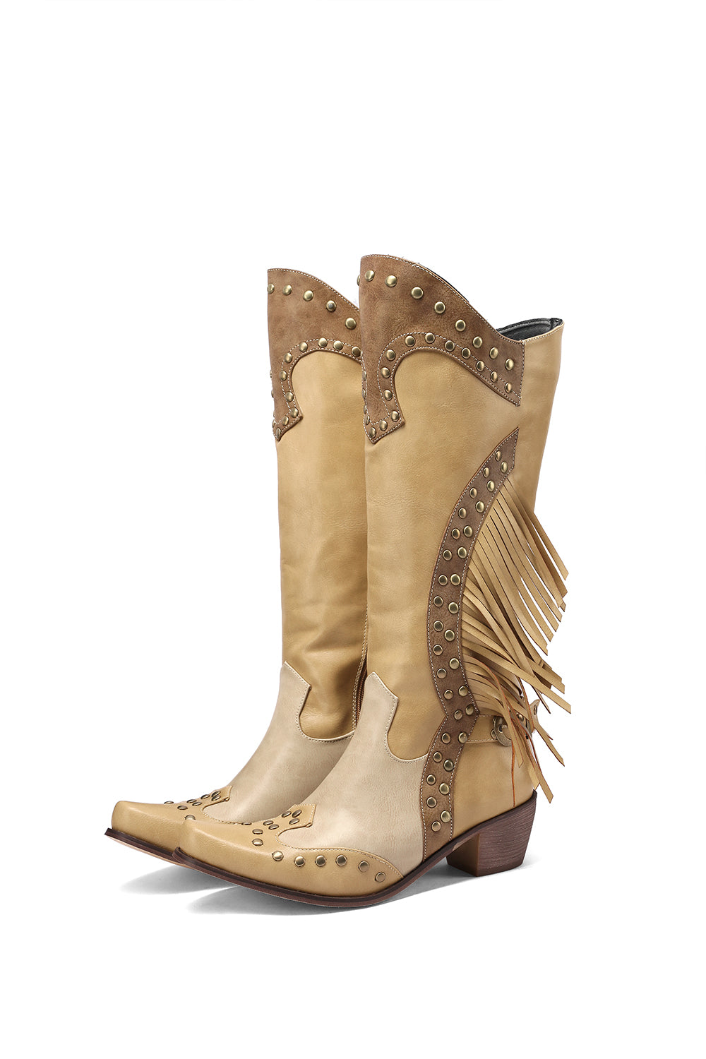 Khaki Vegan Leather Studs and Fringe Retro Women's Cowboy Boots Cool Cowgirl Booties