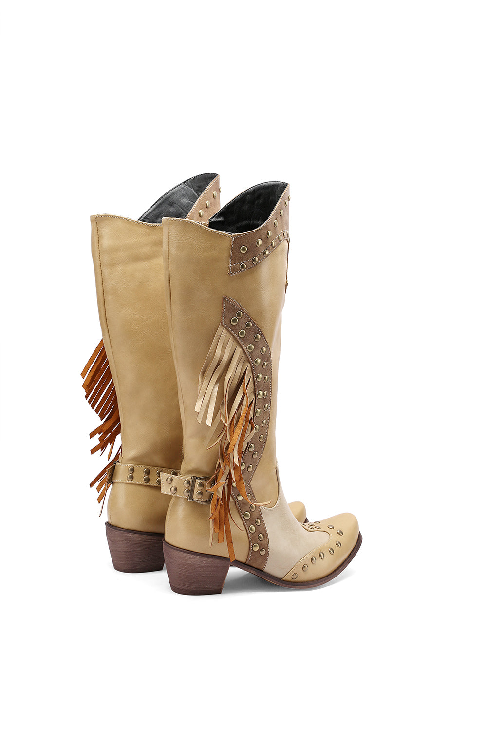 Khaki Vegan Leather Studs and Fringe Retro Women's Cowboy Boots Cool Cowgirl Booties