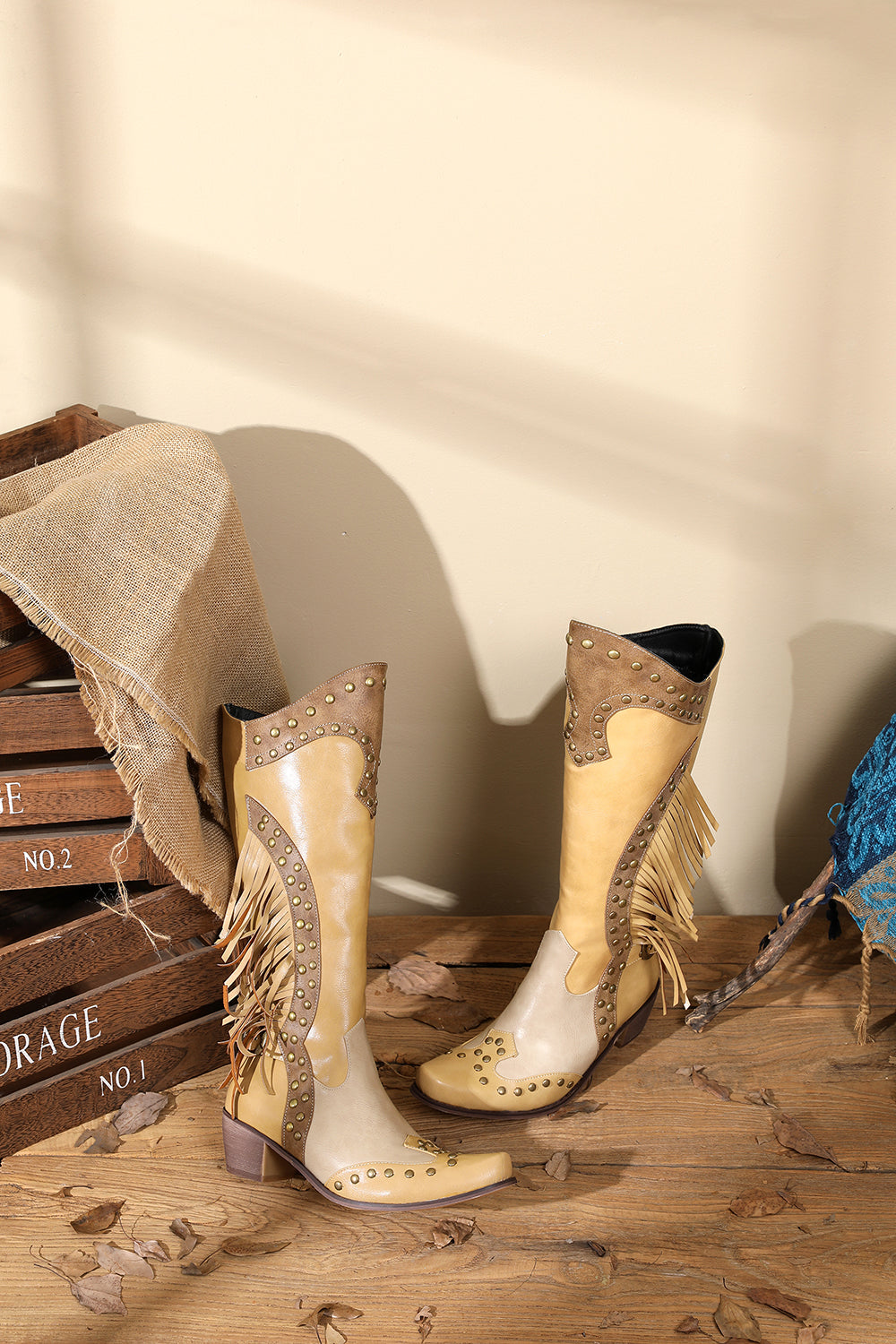 Khaki Vegan Leather Studs and Fringe Retro Women's Cowboy Boots Cool Cowgirl Booties