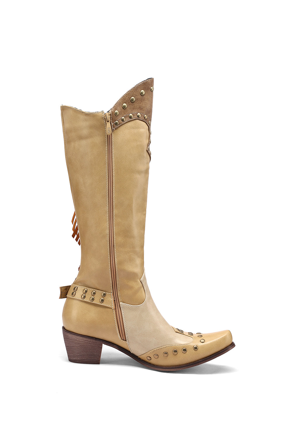 Khaki Vegan Leather Studs and Fringe Retro Women's Cowboy Boots Cool Cowgirl Booties