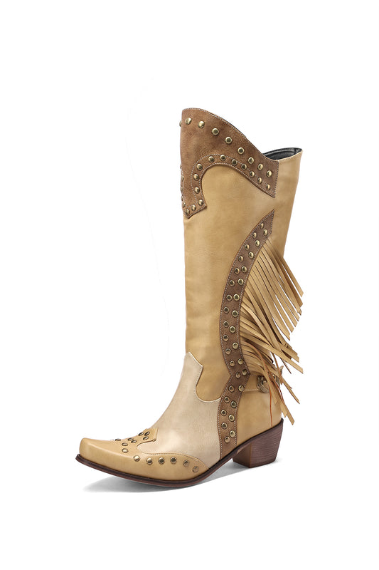 Khaki Vegan Leather Studs and Fringe Retro Women's Cowboy Boots Cool Cowgirl Booties