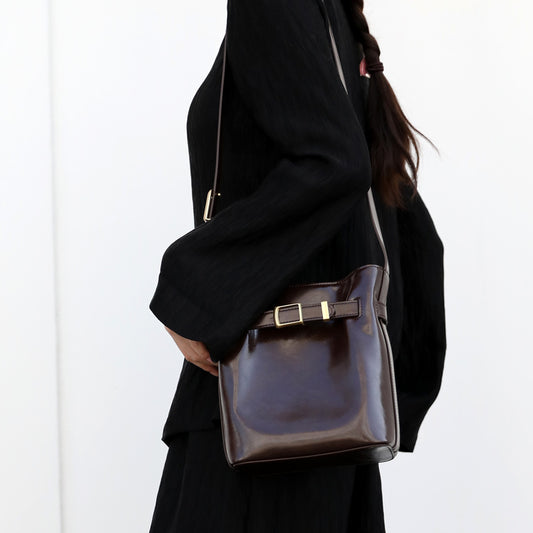 Leather belt shoulder bucket bag