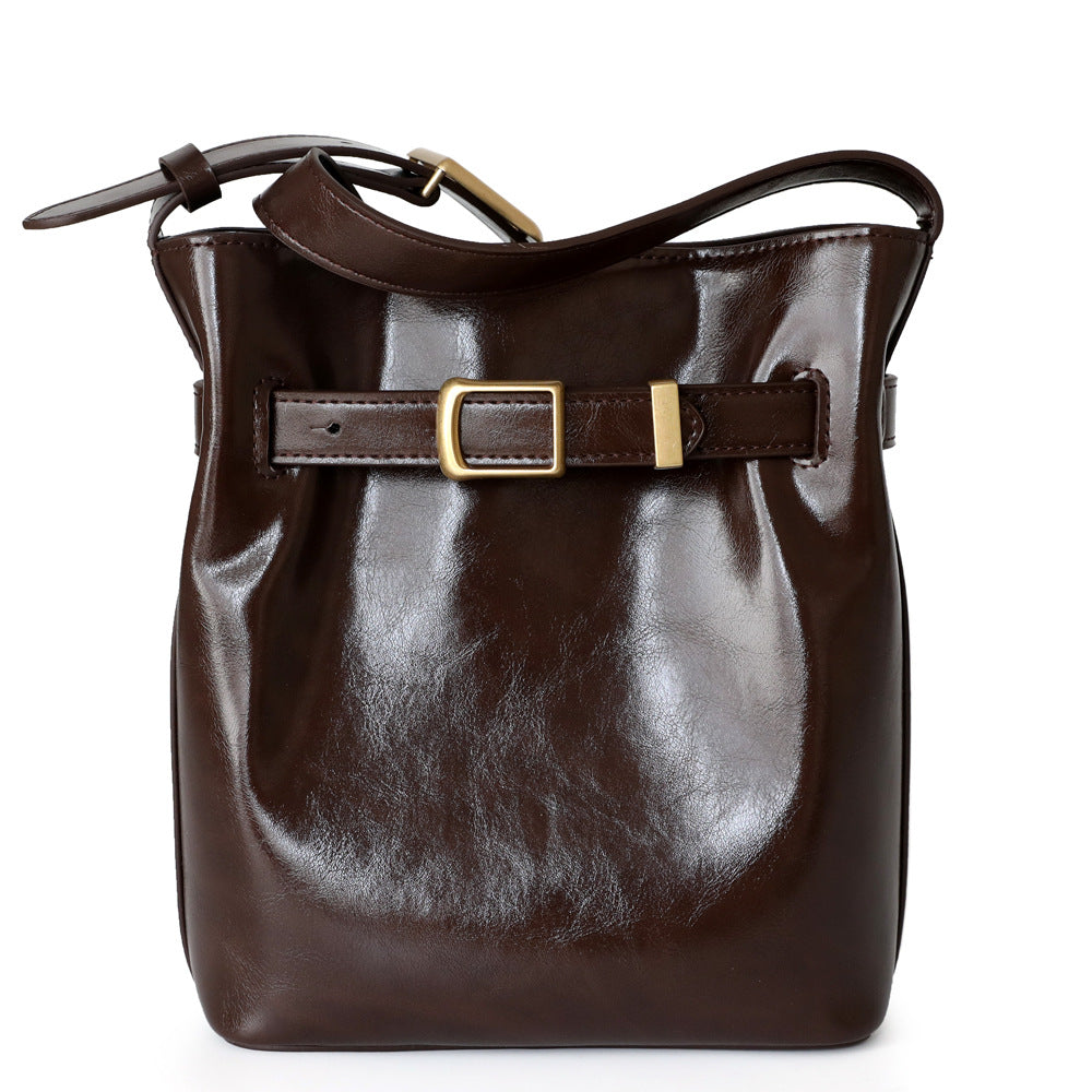 Leather belt shoulder bucket bag