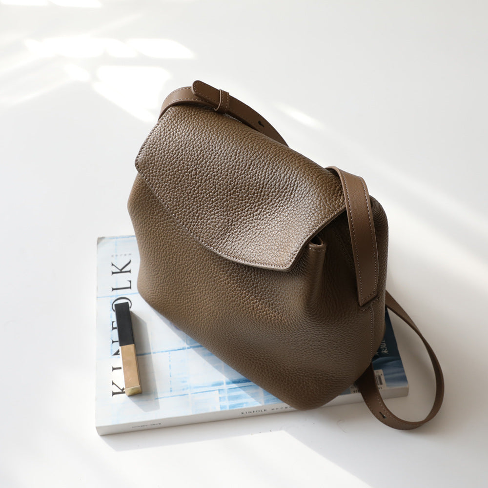 leather flap bucket bag shoulder bag