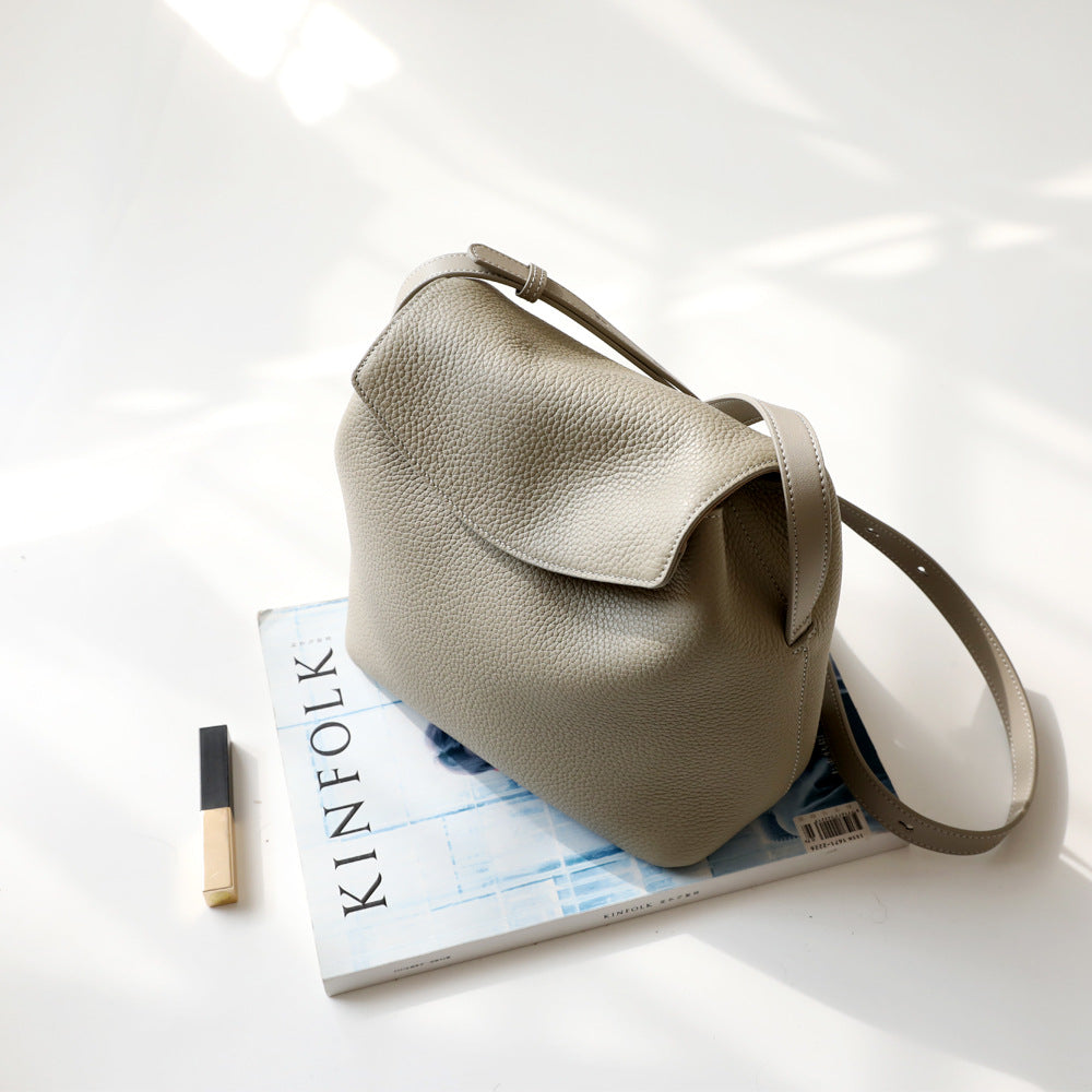 leather flap bucket bag shoulder bag