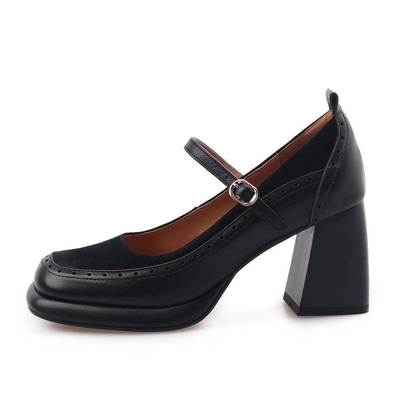 Leather hollow-out square-toe platform Mary Jane pumps