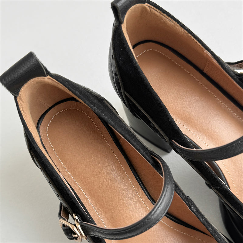 Leather hollow-out square-toe platform Mary Jane pumps