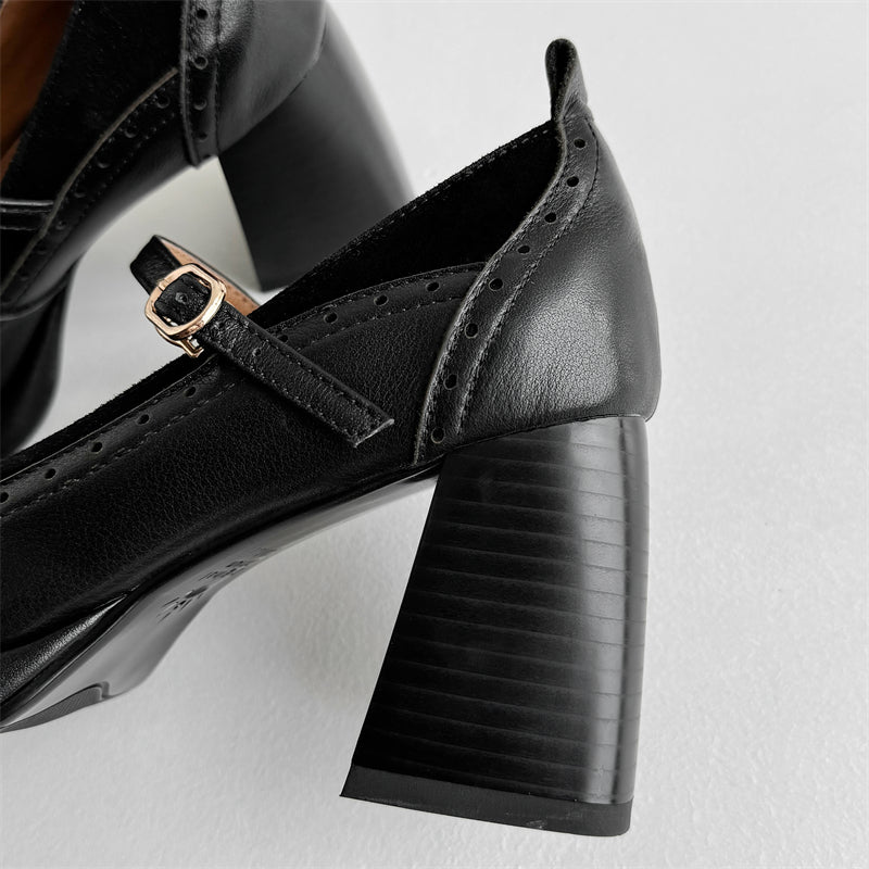 Leather hollow-out square-toe platform Mary Jane pumps