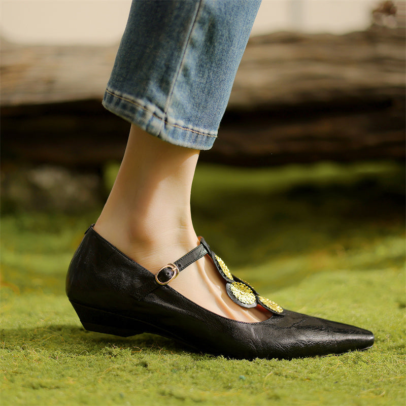 Leather Pointed Toe Low Heel T-Strap Shoes Retro Flats