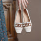 Leather square-toe chain-fringed chunky-heel loafer pumps