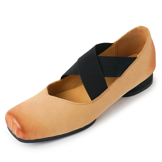 Leather Square Toe Elastoplast Cross Strap Ballet Shoes Mary Jane Flats