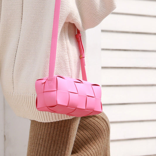 Leather Woven Shoulder Zipper Cube Bag Crossbody Mini Bag