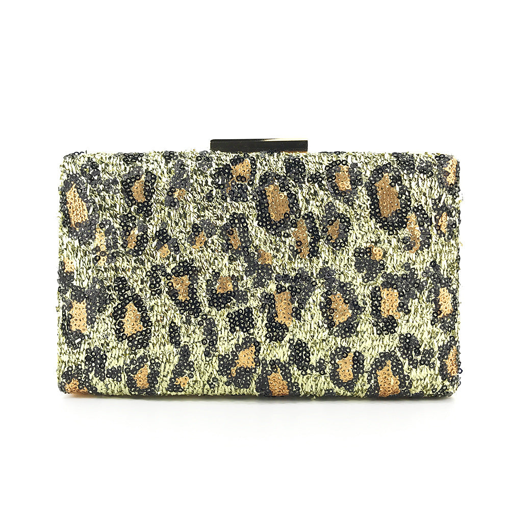 Golden Leopard Print Sequence Beaded Clutch Evening Bag