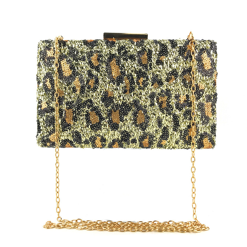 Golden Leopard Print Sequence Beaded Clutch Evening Bag