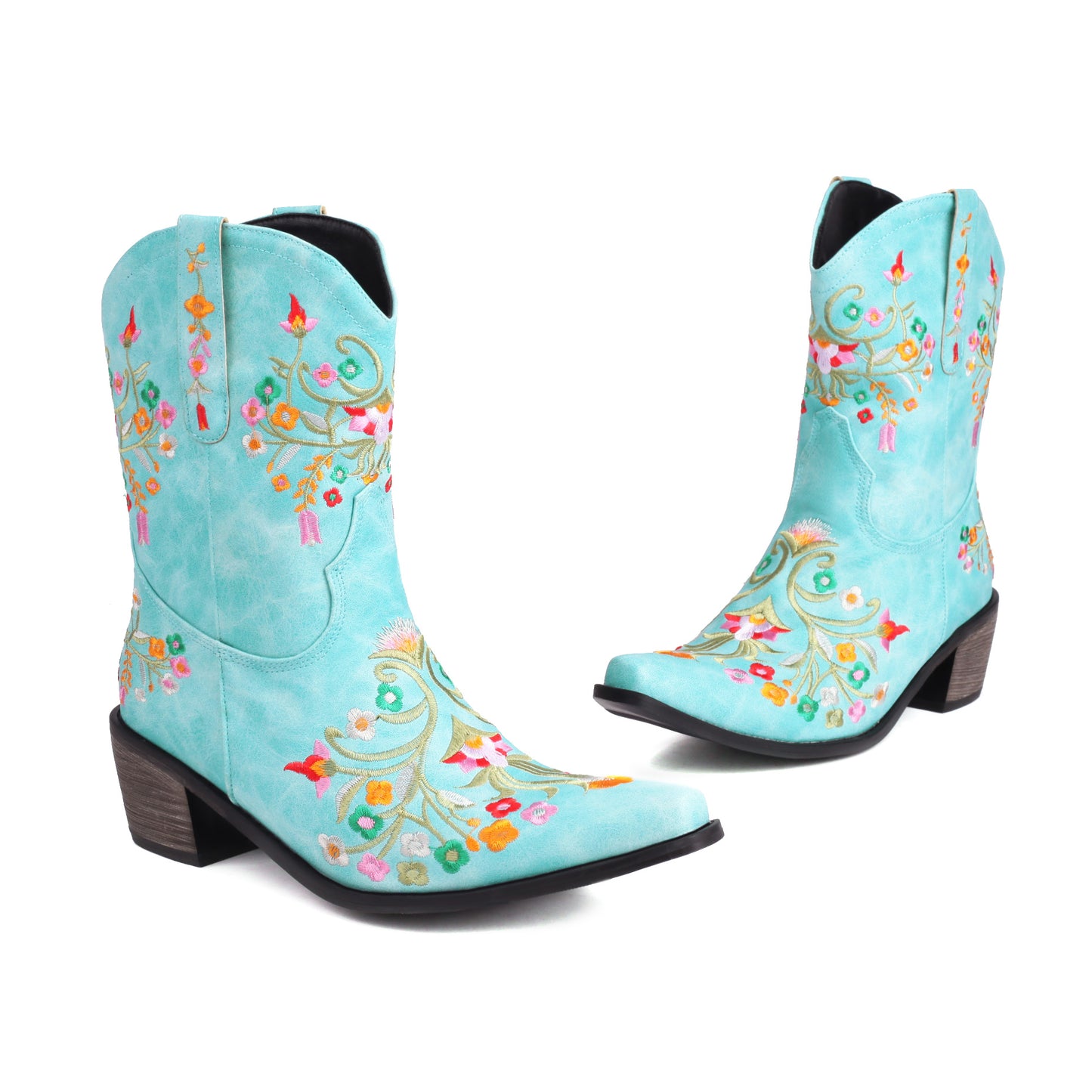 Light Blue Embroidered Floral Western Cowboy Boots Block Heel Western Boots