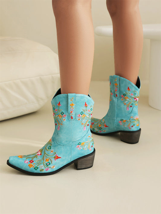 Light Blue Embroidered Floral Western Cowboy Boots Block Heel Western Boots