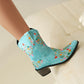 Light Blue Embroidered Floral Western Cowboy Boots Block Heel Western Boots