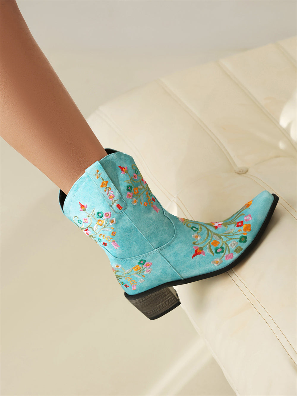 Light Blue Embroidered Floral Western Cowboy Boots Block Heel Western Boots