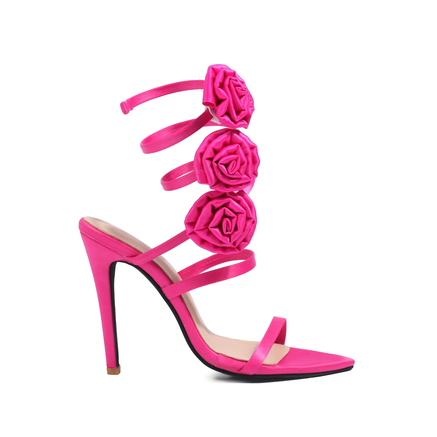 <tc>Pink Satin Flowers Stiletto Heels Strappy Sandals for Party</tc>