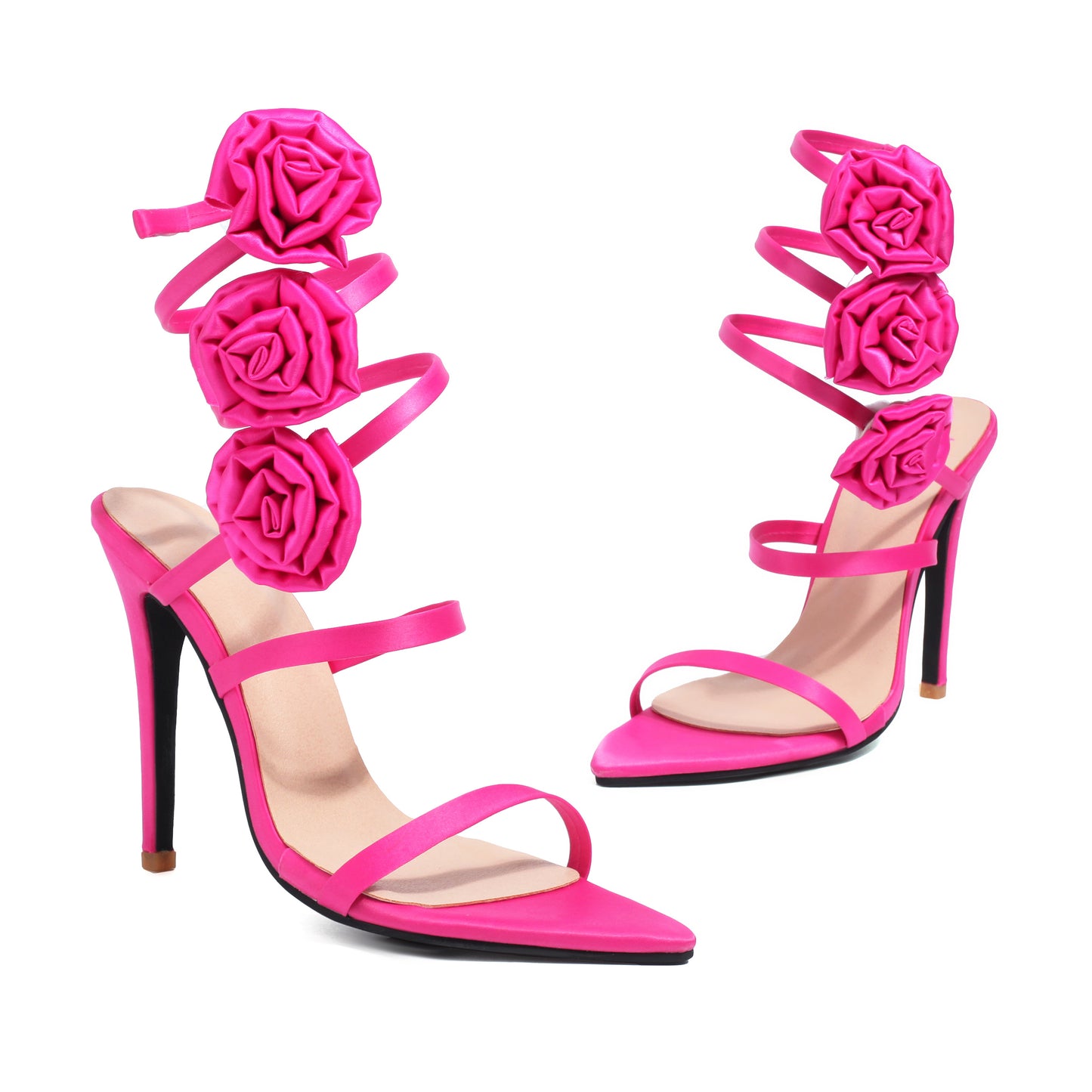 <tc>Pink Satin Flowers Stiletto Heels Strappy Sandals for Party</tc>