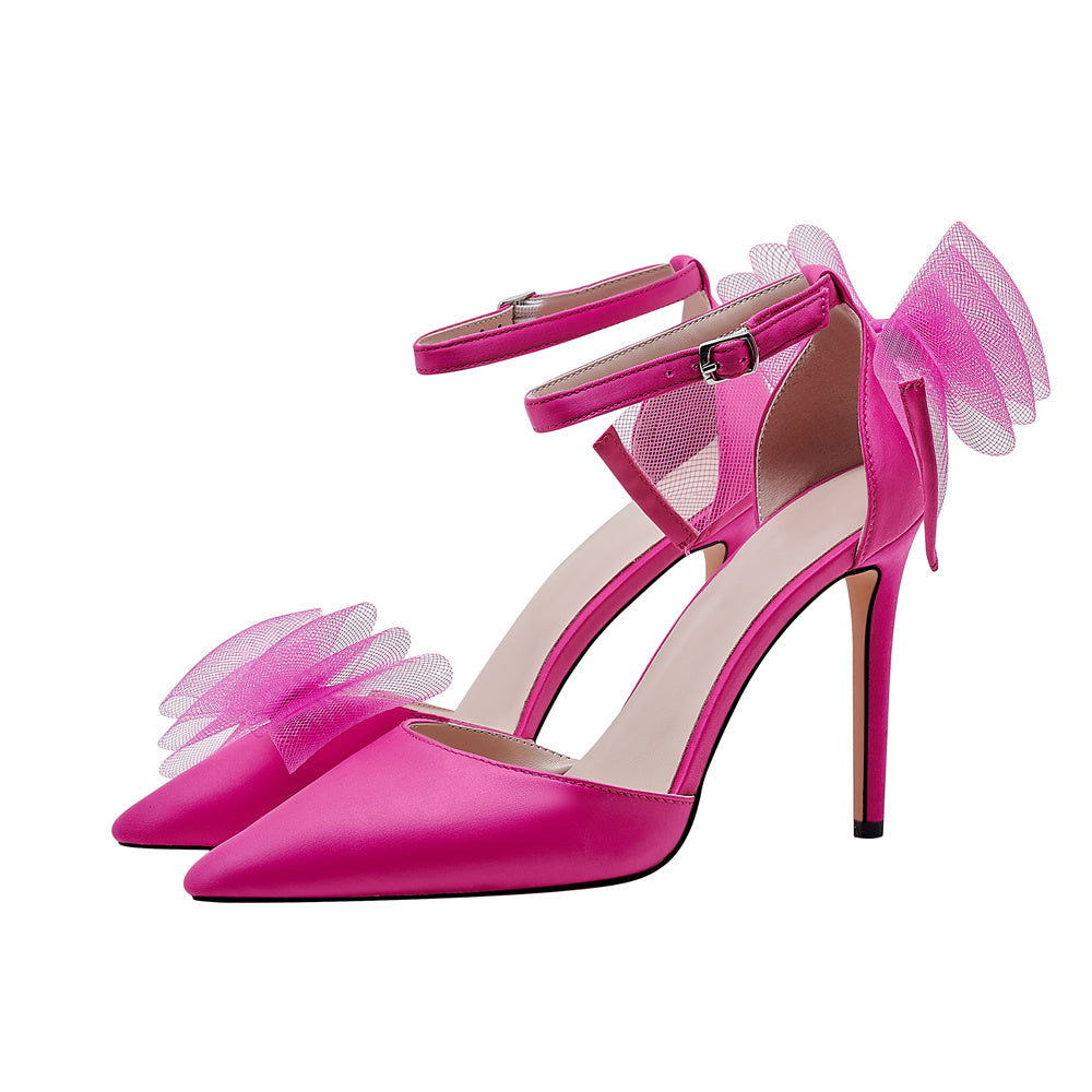 Magenta Satin Pointed Toe Stiletto Heel Bow Ankle Strap Pumps Dolce Heels