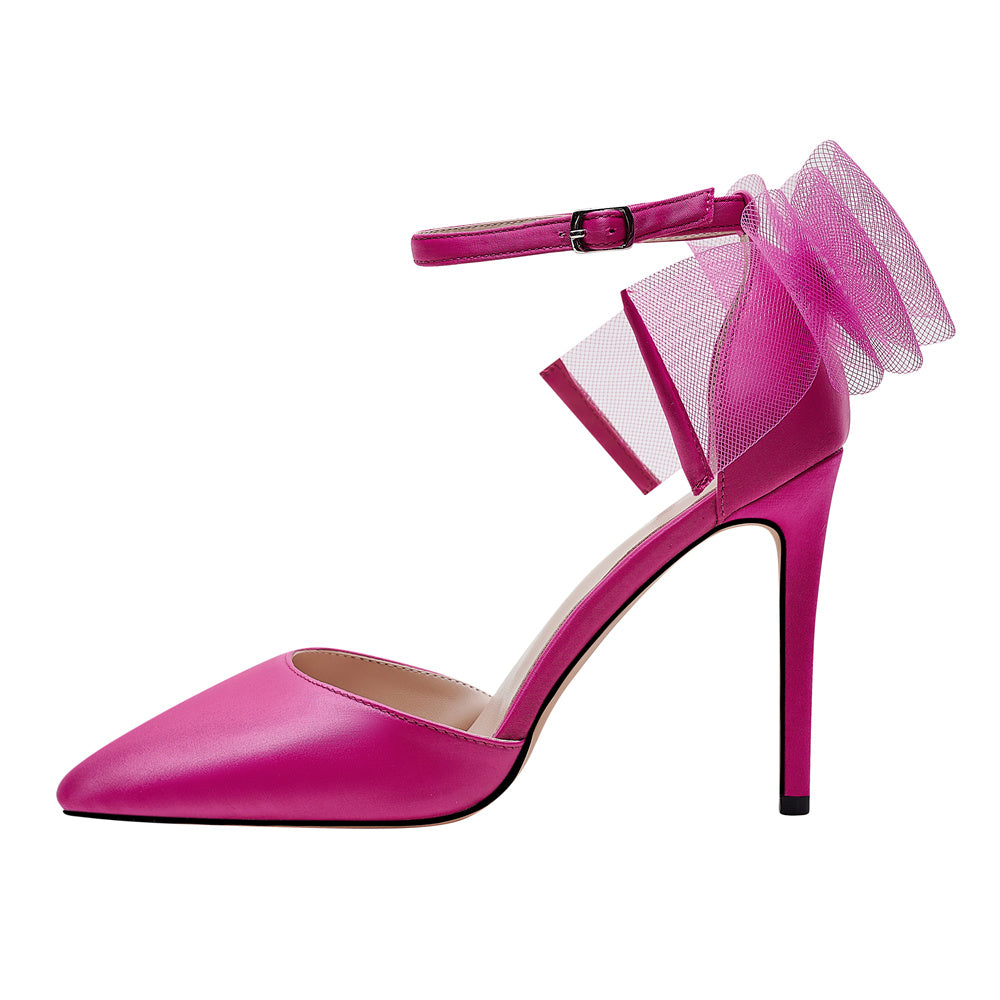 Magenta Satin Pointed Toe Stiletto Heel Bow Ankle Strap Pumps Dolce Heels