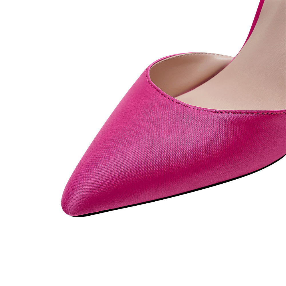 Magenta Satin Pointed Toe Stiletto Heel Bow Ankle Strap Pumps Dolce Heels