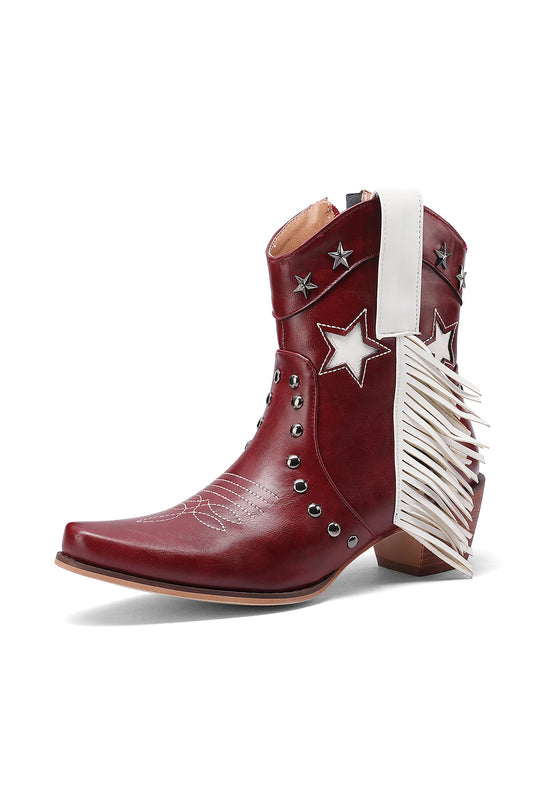 Maroon Fringe Wing Cowboy Boots Studs and Star Classics Ankle Western Booties for Women