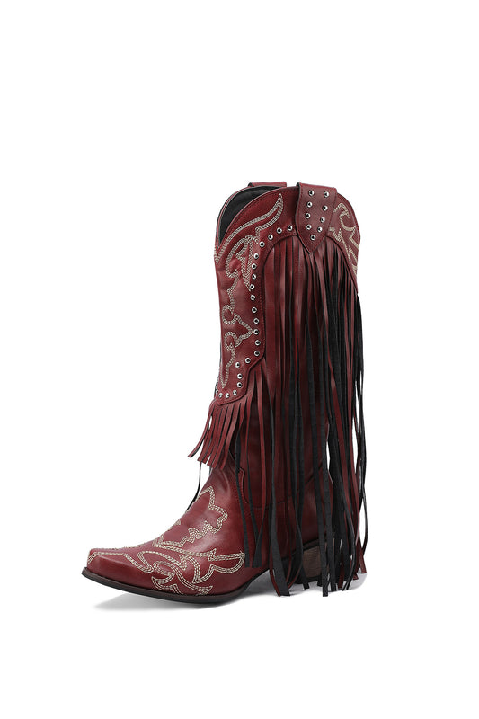 Maroon Retro Fringe and Stud Women's Cowboy Boots Block Heel Western Booties