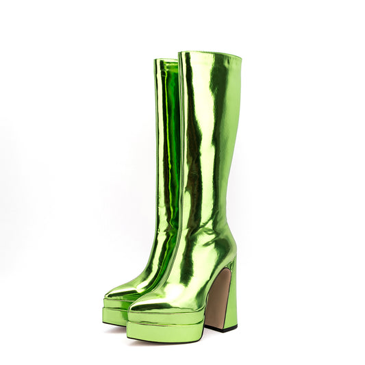 <tc>Metallic Mirror Fashion Pointed Toe Block Heel Platform Knee High Boots</tc>