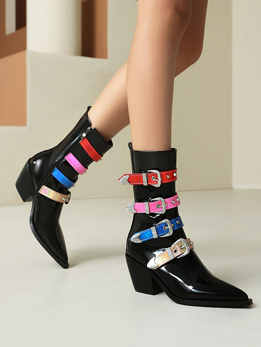 Multicolor Buckles Block Heel Cowgirl Boots Women Punk Ankle Booties