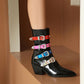 Multicolor Buckles Block Heel Cowgirl Boots Women Punk Ankle Booties