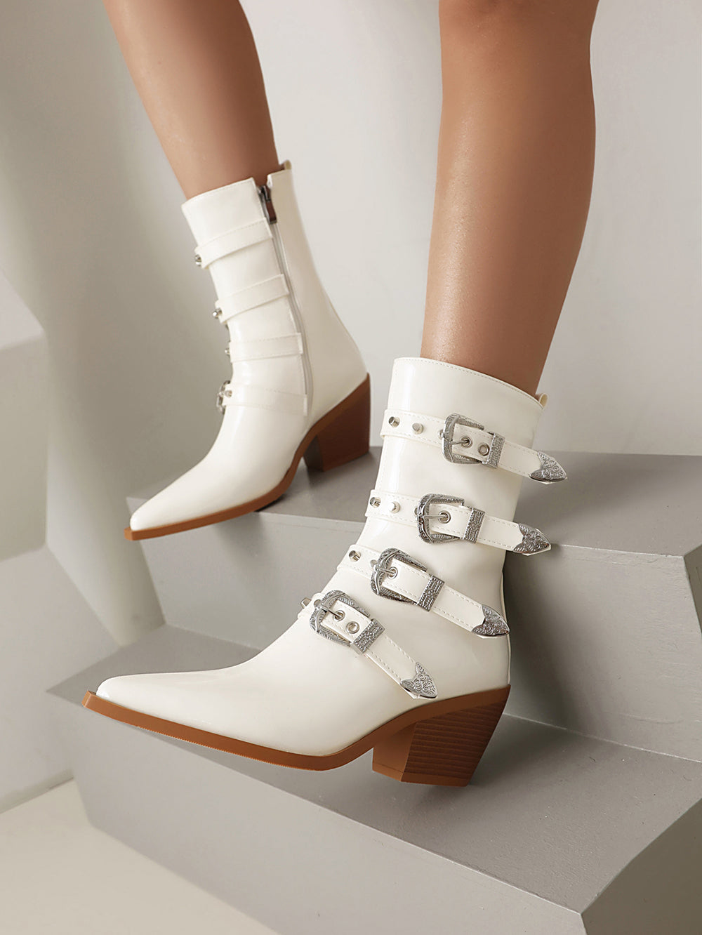 Multicolor Buckles Block Heel Cowgirl Boots Women Punk Ankle Booties