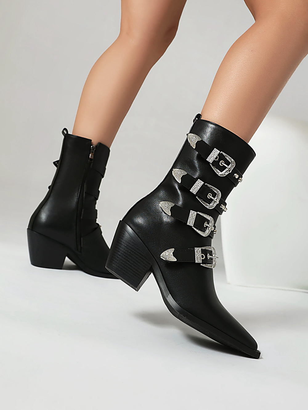 Multicolor Buckles Block Heel Cowgirl Boots Women Punk Ankle Booties