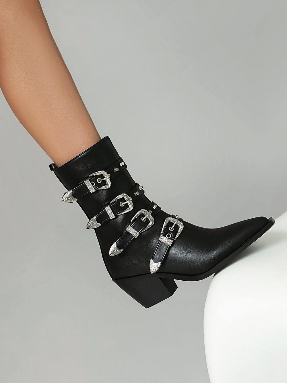 Multicolor Buckles Block Heel Cowgirl Boots Women Punk Ankle Booties