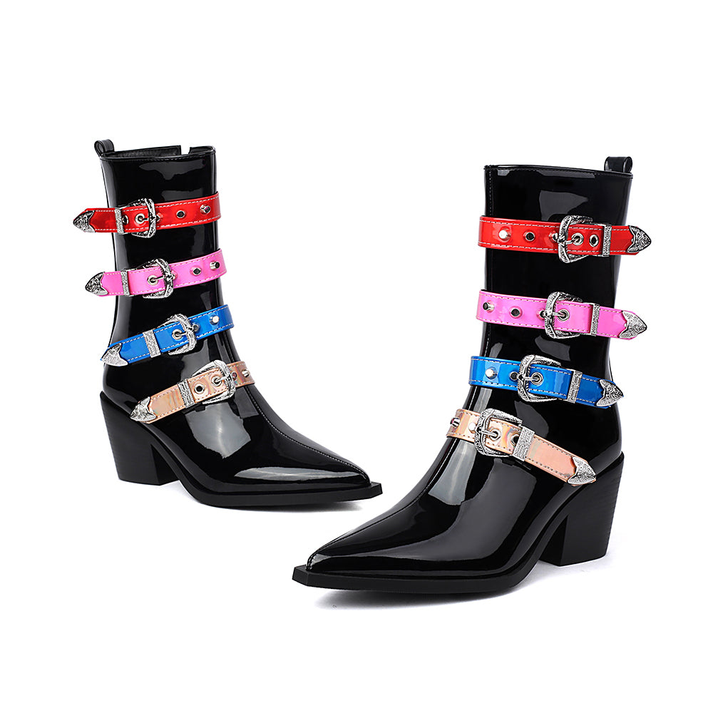 Multicolor Buckles Block Heel Cowgirl Boots Women Punk Ankle Booties