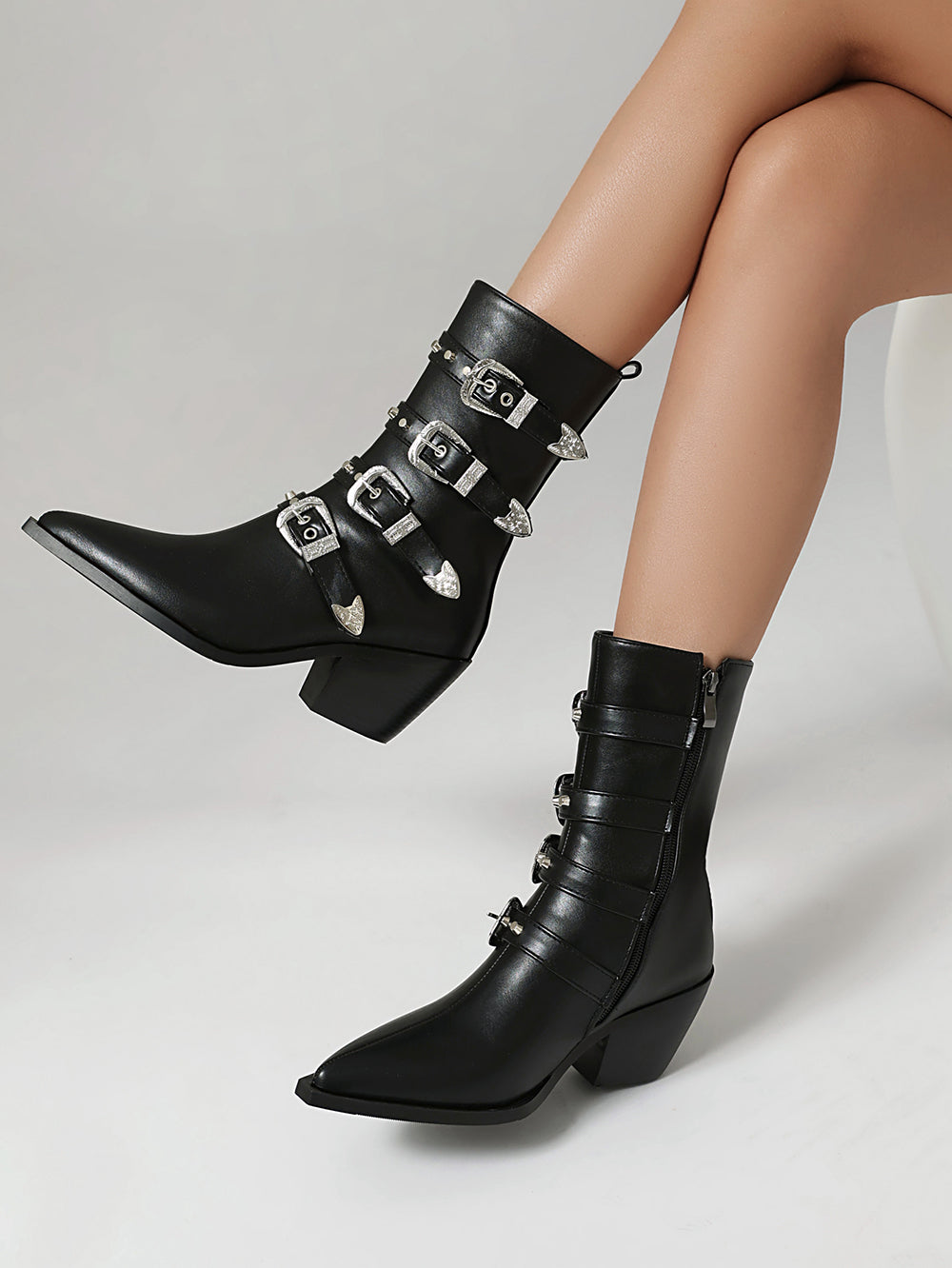 Multicolor Buckles Block Heel Cowgirl Boots Women Punk Ankle Booties