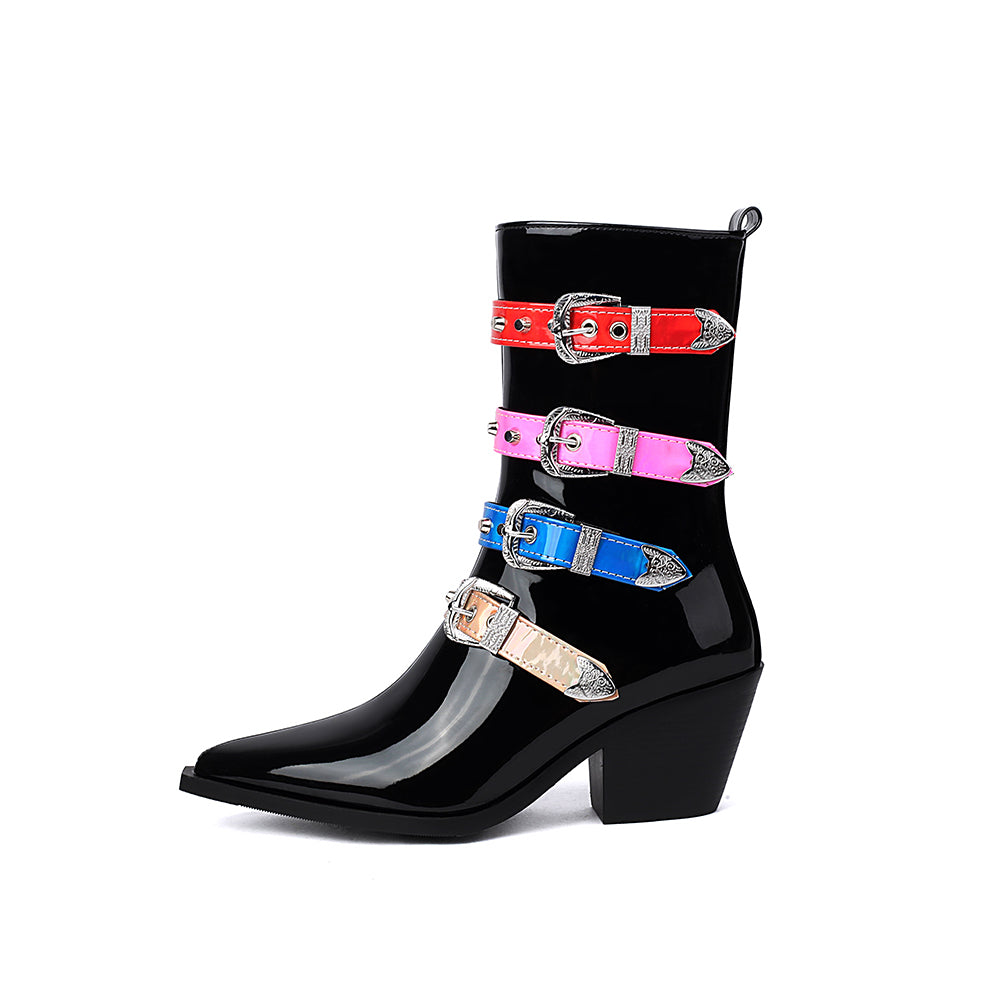 Multicolor Buckles Block Heel Cowgirl Boots Women Punk Ankle Booties