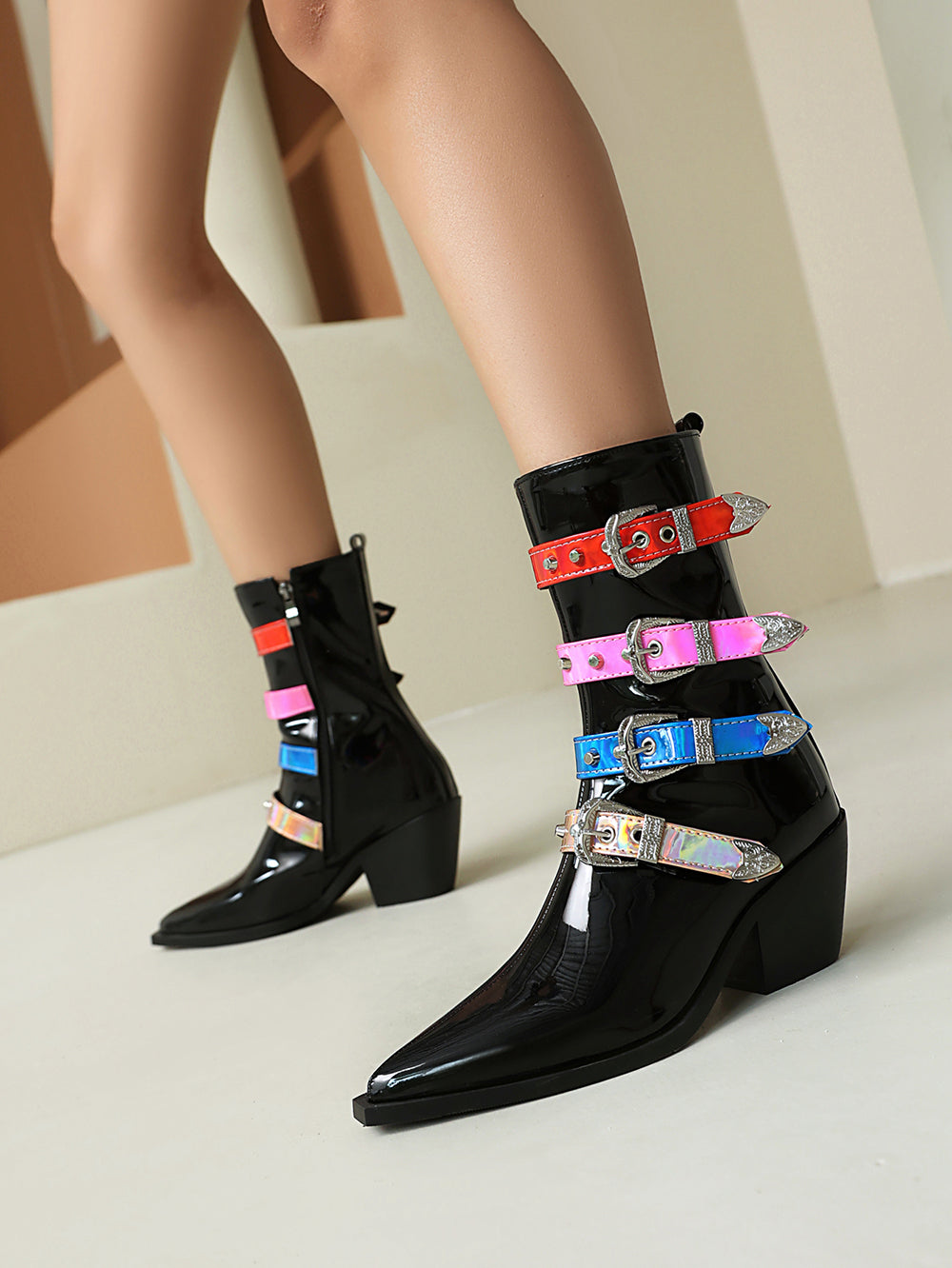 Multicolor Buckles Block Heel Cowgirl Boots Women Punk Ankle Booties