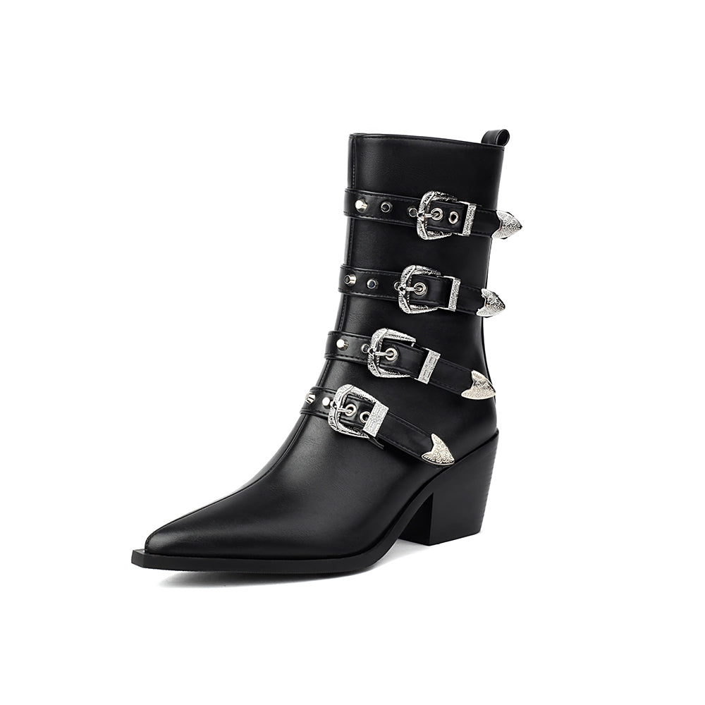 Multicolor Buckles Block Heel Cowgirl Boots Women Punk Ankle Booties