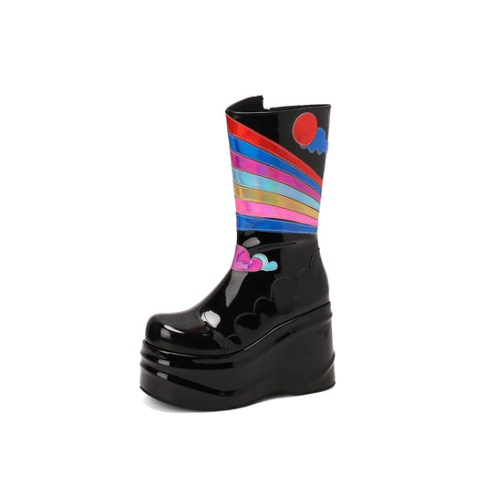 Halloween Costume Multicolored Rainbow Cloud Pattern Thick Platform Mid-calf Boots