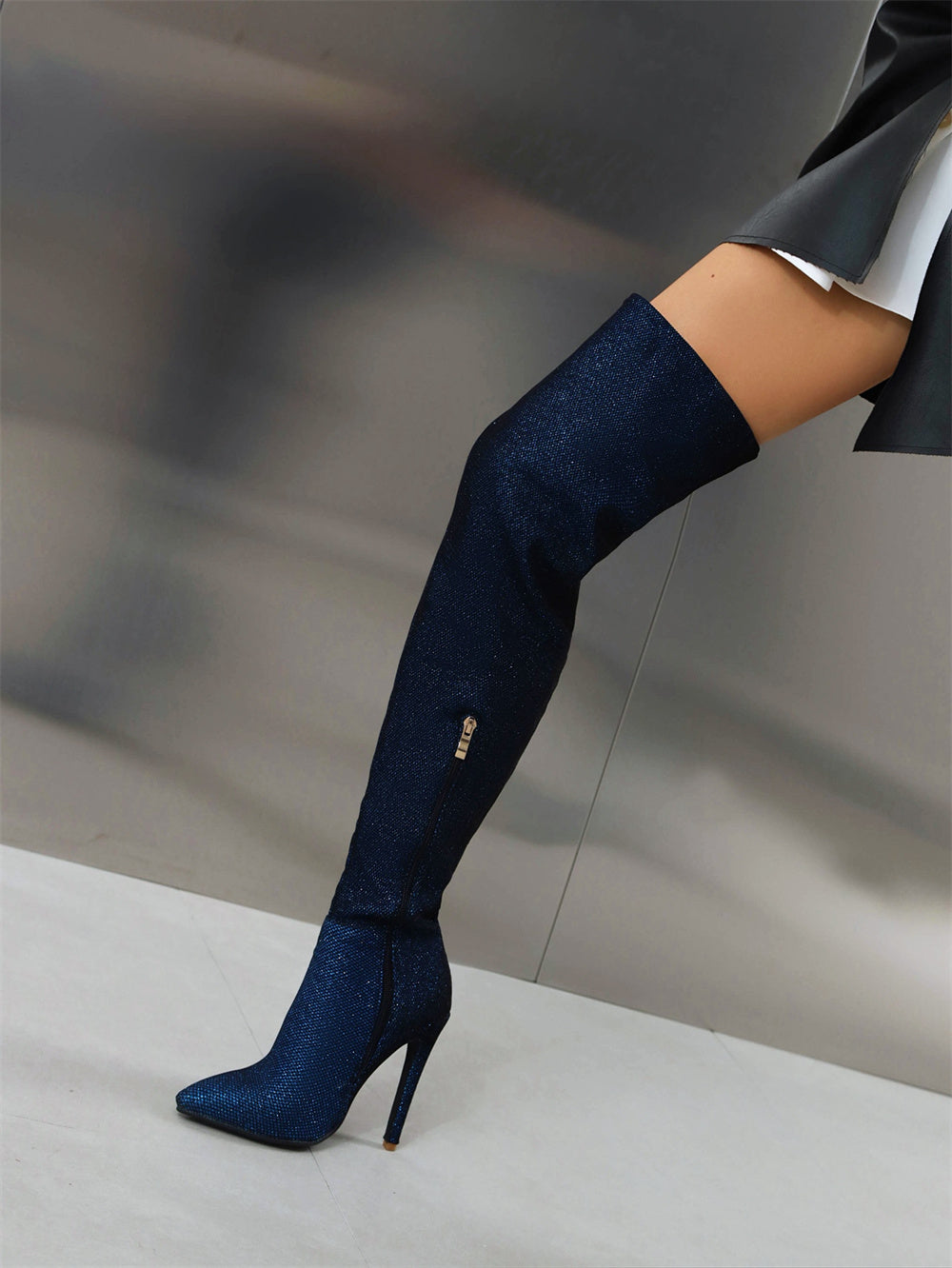 Navy Pointed Toe Stiletto Heel Fashion Thigh High Boots