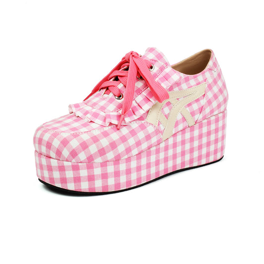 <tc>Thick Soled Pink Plaid Lace up Platform Preppy Style Loafer Shoes</tc>