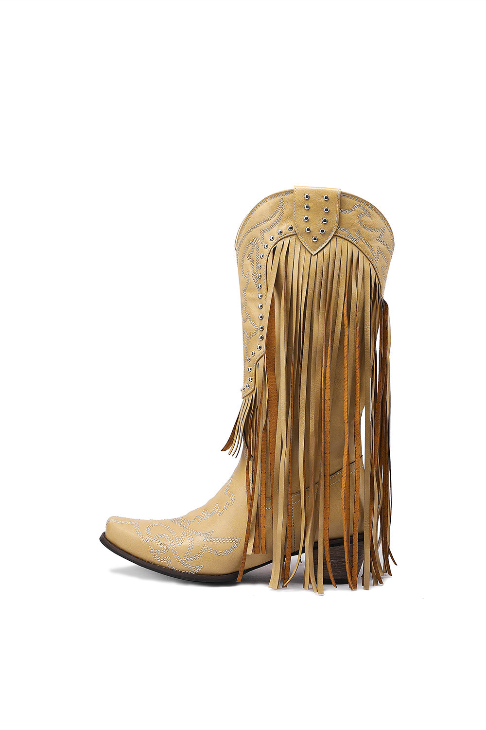 <tc>Nude Retro Fringe and Stud Women's Cowboy Boots Block Heel Western Booties</tc>