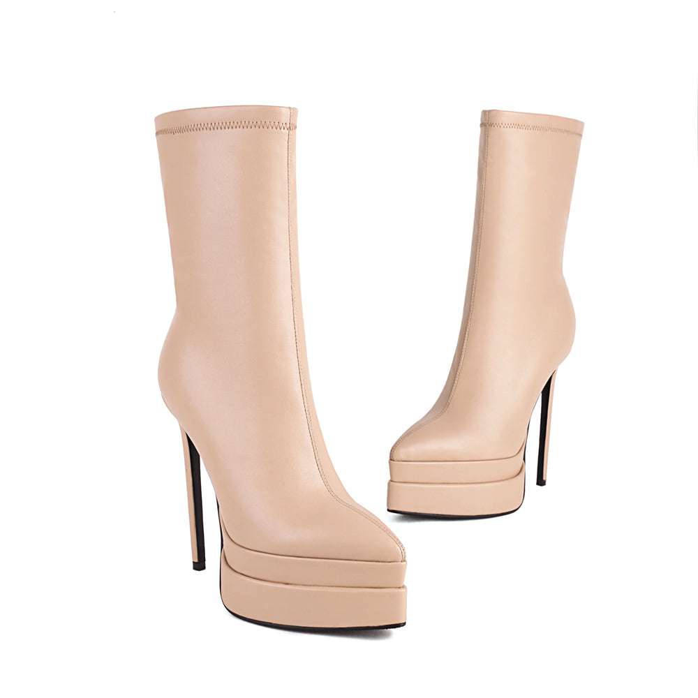 Nude Vegan Leather Pointed Toe Stiletto Platform Heel Ankle Bootie