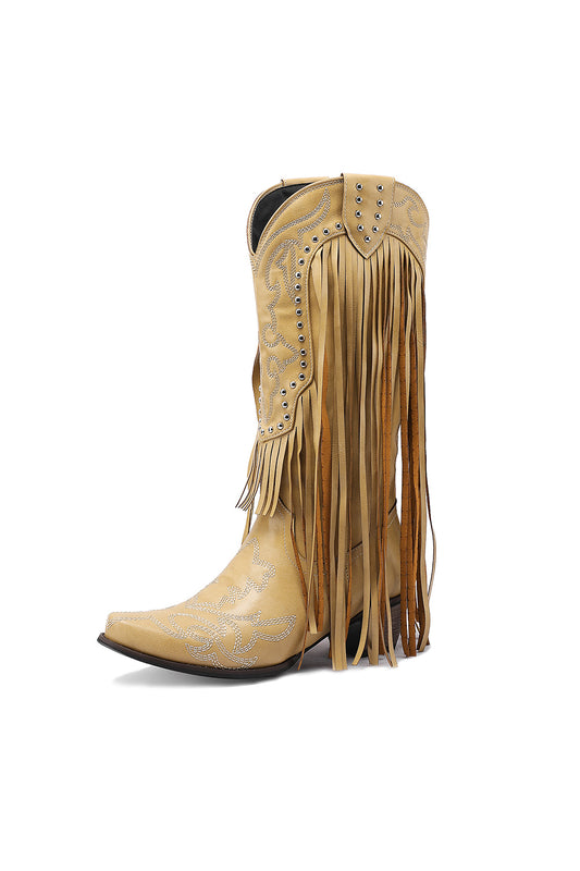 Nude Retro Fringe and Stud Women's Cowboy Boots Block Heel Western Booties