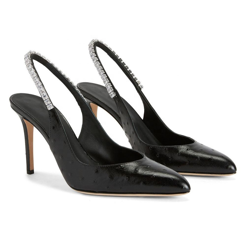 <tc>Black Ostrich Print High Heel Pumps Crystal Chain Slingback Heels</tc>