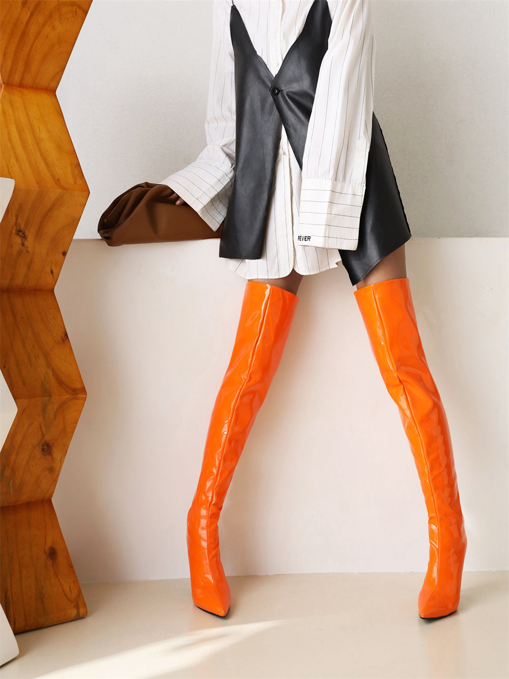 Orange Leather Pointed Toe Stiletto Heel Over Zani Boots