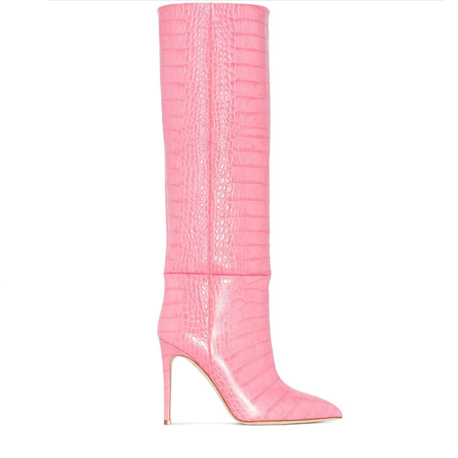 Pink Croc Print Pointed Toe Knee-High Heel Boots