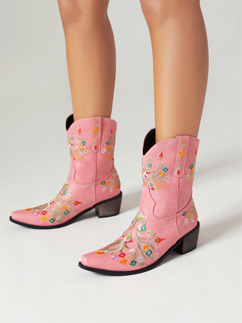 ピンク 刺繍 フローラル ウェスタン カウボーイ ブーツ ブロック ヒール ウェスタン ブーツ